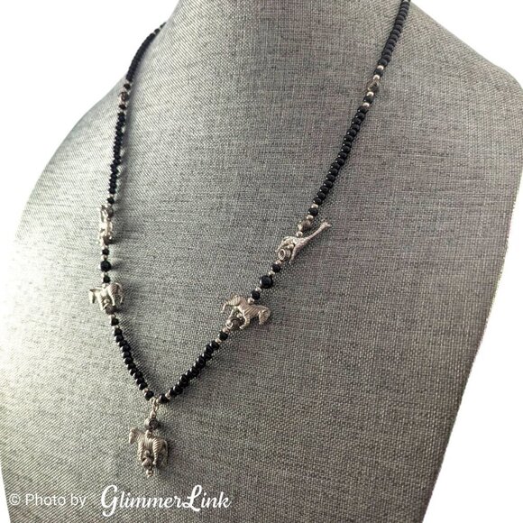 Bohemian Tribal Zebra & Giraffe Charm Black Beaded Silver Tone Necklace - Picture 4 of 8